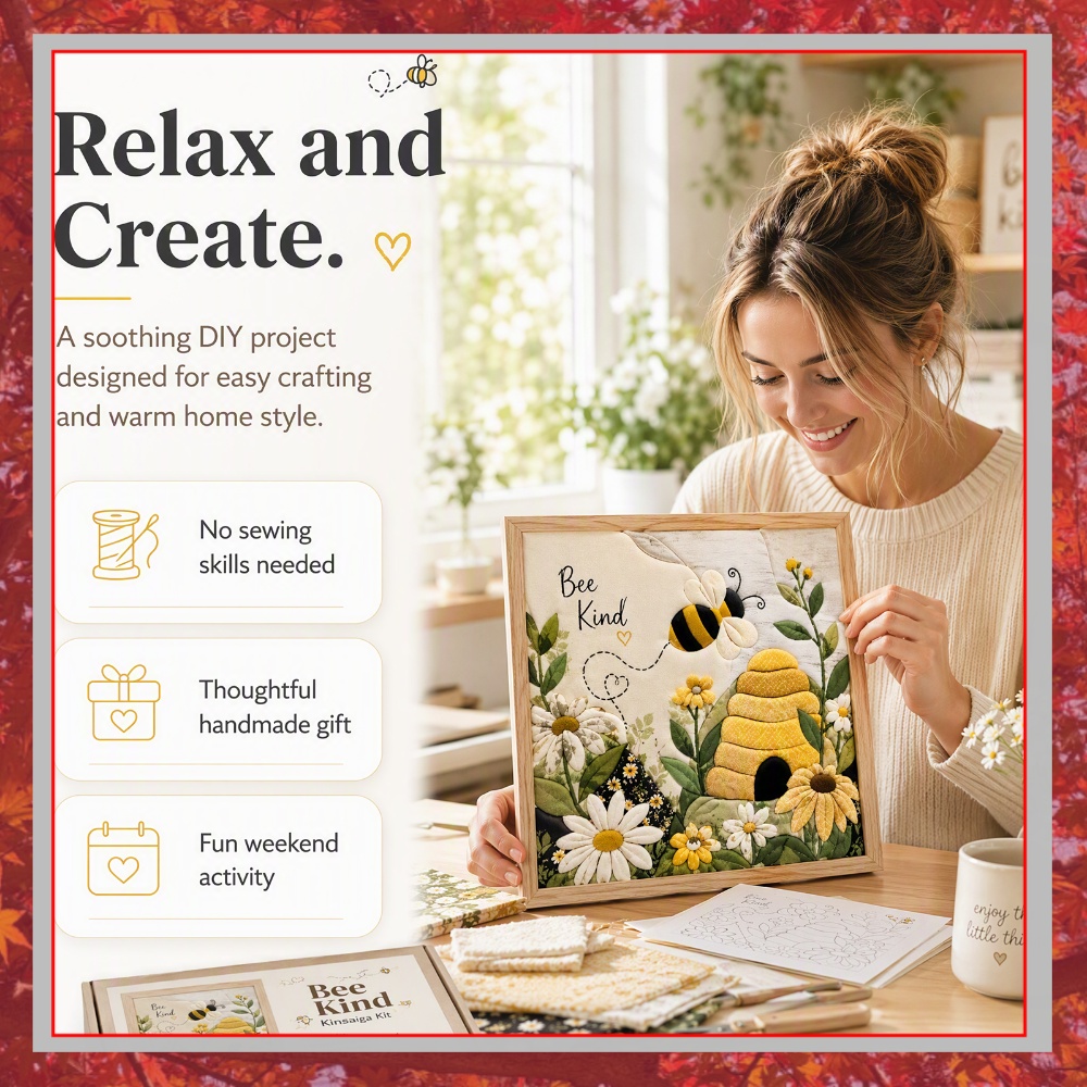 Art Craft Kit - 蜂の巣模様のパンチニードルDIYクラフトキット。ひまわりとデイジーの3Dウォールアート。素朴な雰囲気のインテリアに。木製フレーム付き。